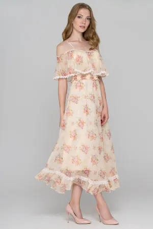 Yellow Floral Print Cold Shoulder Maxi Dress