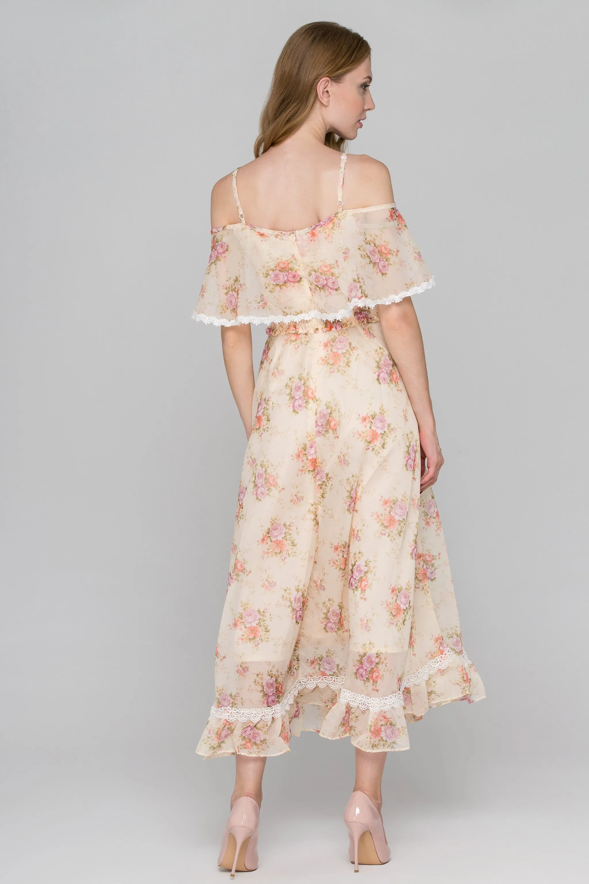 Yellow Floral Print Cold Shoulder Maxi Dress