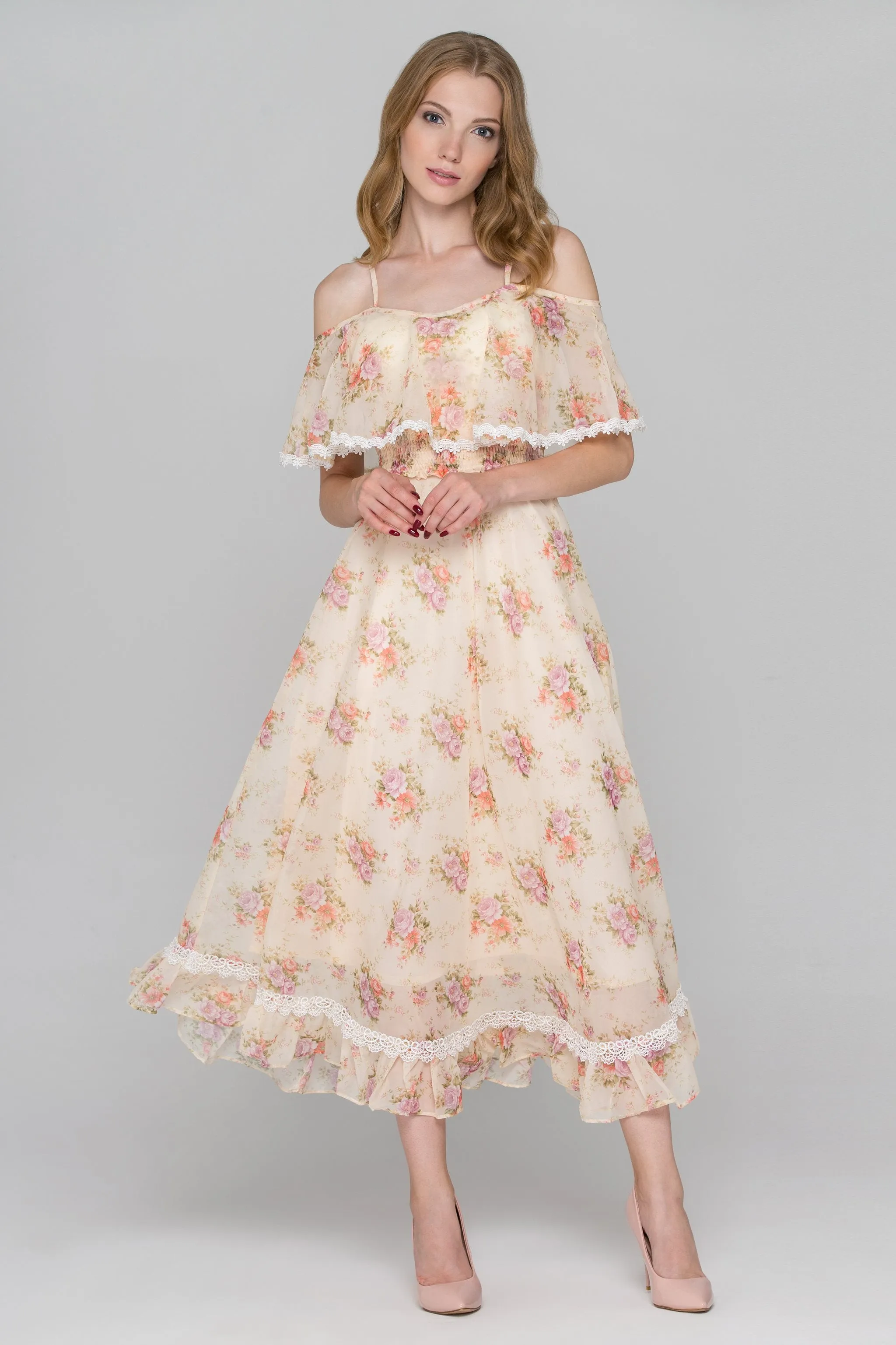 Yellow Floral Print Cold Shoulder Maxi Dress