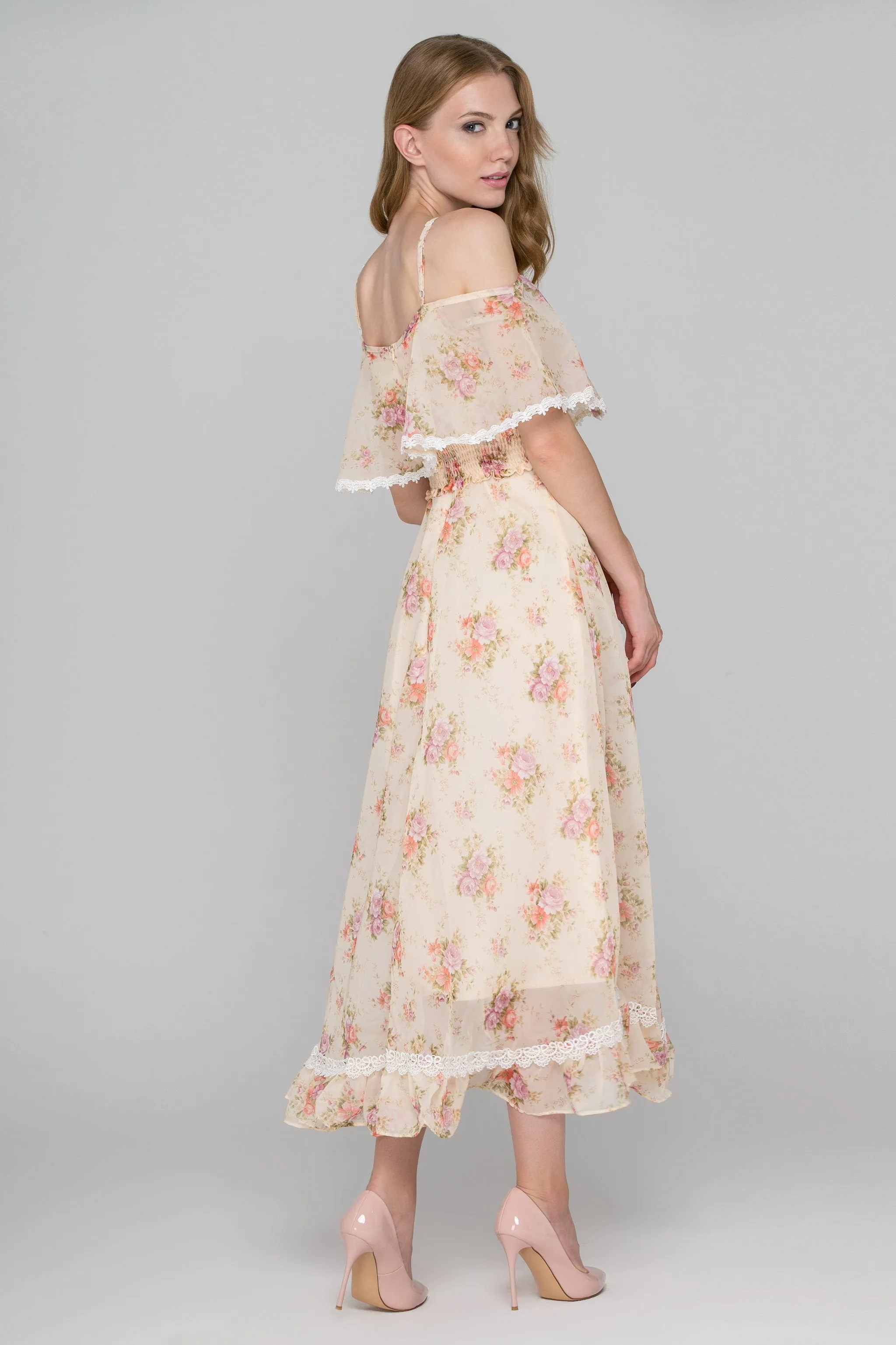 Yellow Floral Print Cold Shoulder Maxi Dress