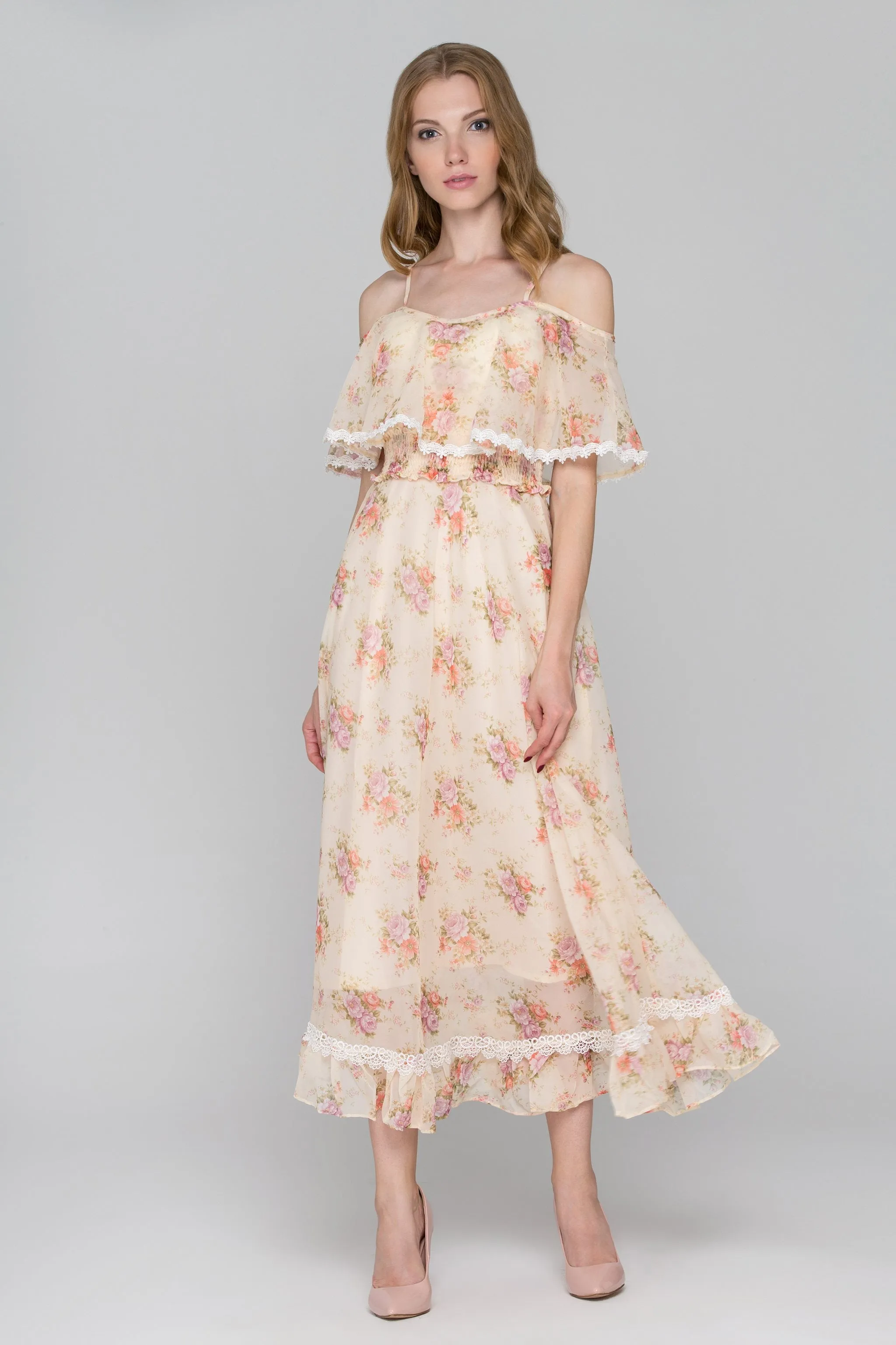 Yellow Floral Print Cold Shoulder Maxi Dress