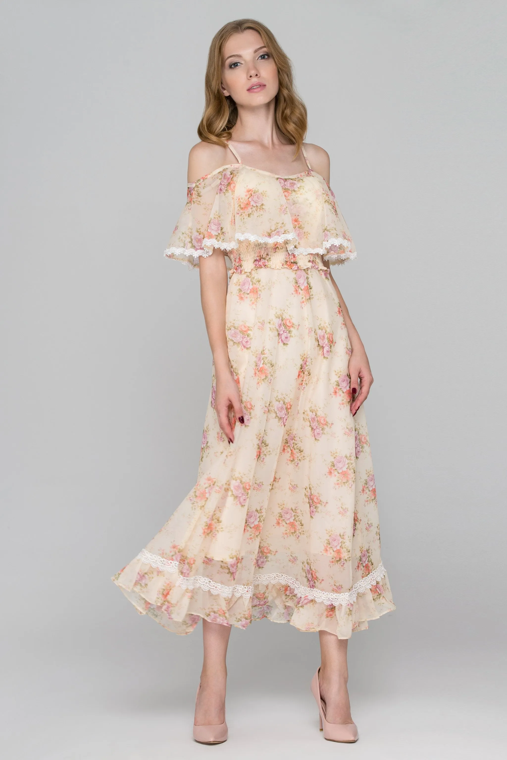 Yellow Floral Print Cold Shoulder Maxi Dress