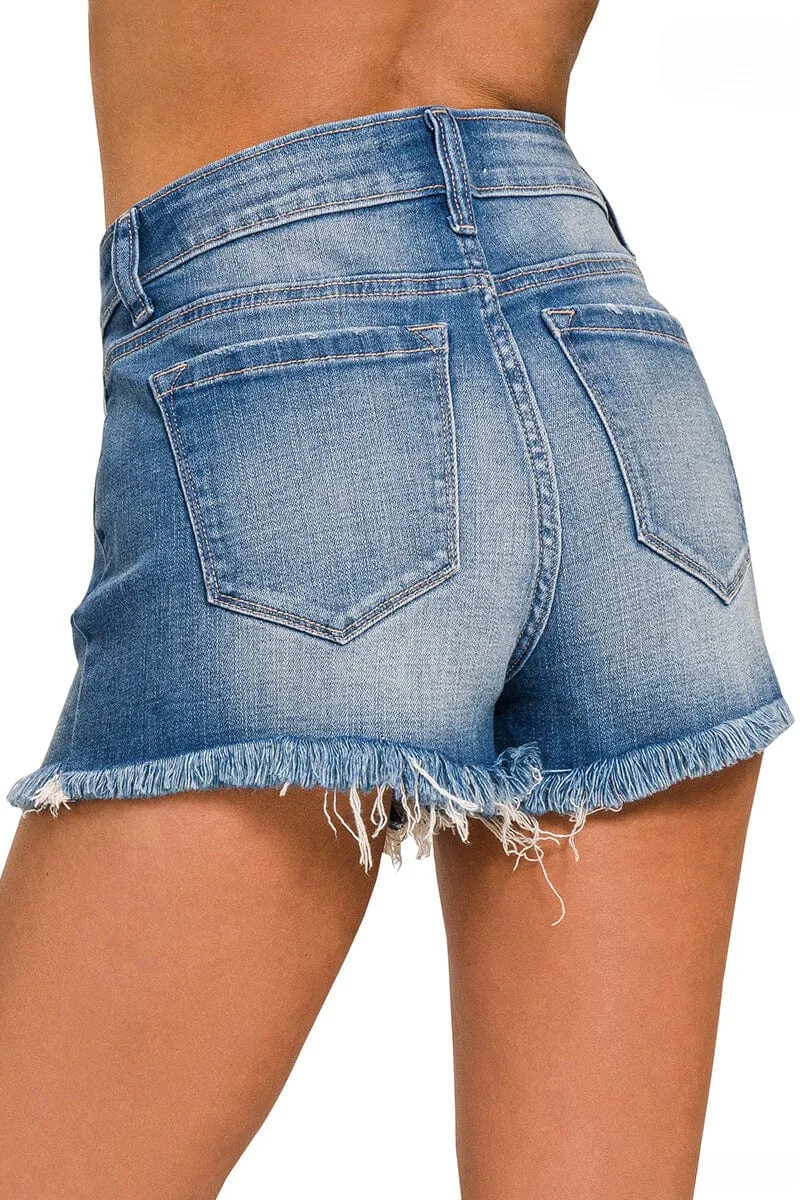 Zenana Mid Rise Raw Frayed Hem Denim Shorts